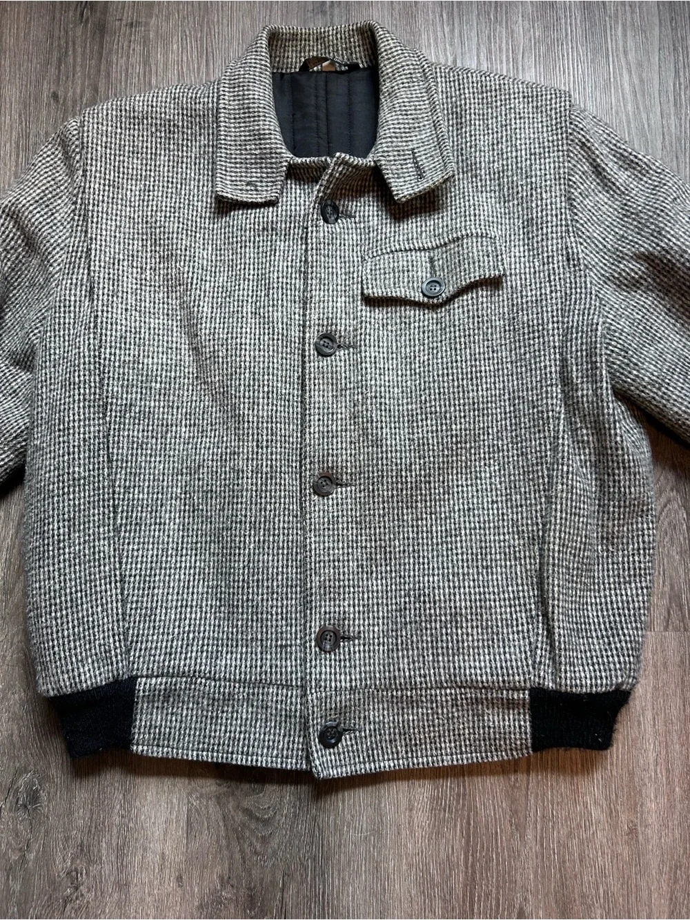 Vintage 1990s 90s Houndstooth Button-collared Wool Bomber Jacket Sz 38